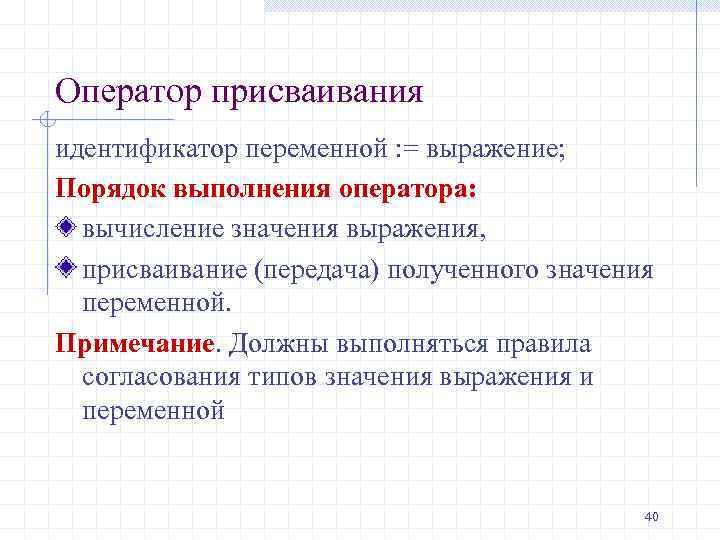 Оператор присваивания идентификатор переменной : = выражение; Порядок выполнения оператора: вычисление значения выражения, присваивание