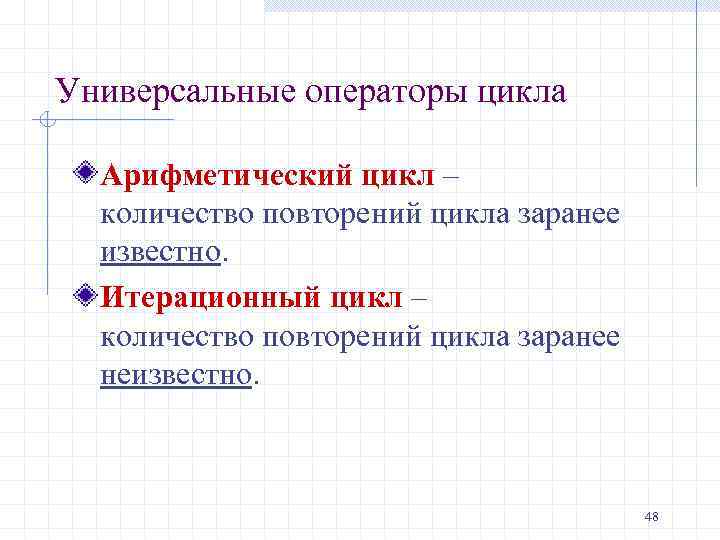 Универсальные операторы цикла Арифметический цикл – количество повторений цикла заранее известно. Итерационный цикл –