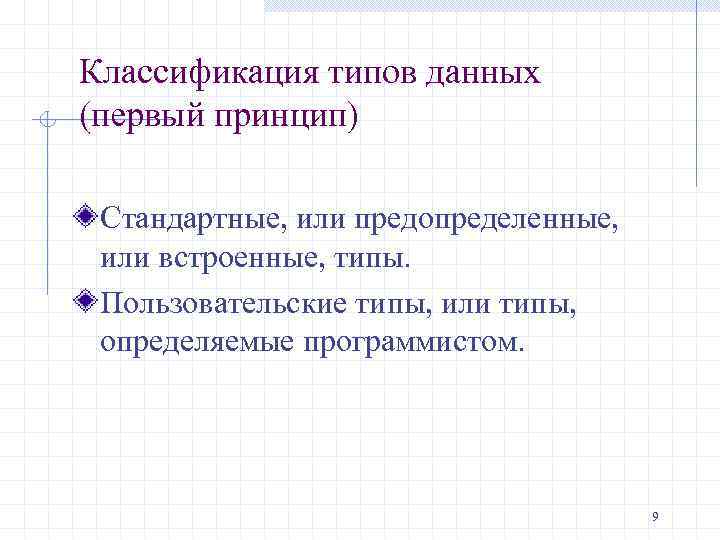 Классификация типов данных (первый принцип) Стандартные, или предопределенные, или встроенные, типы. Пользовательские типы, или