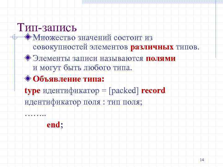 Тип-запись Множество значений состоит из совокупностей элементов различных типов. Элементы записи называются полями и
