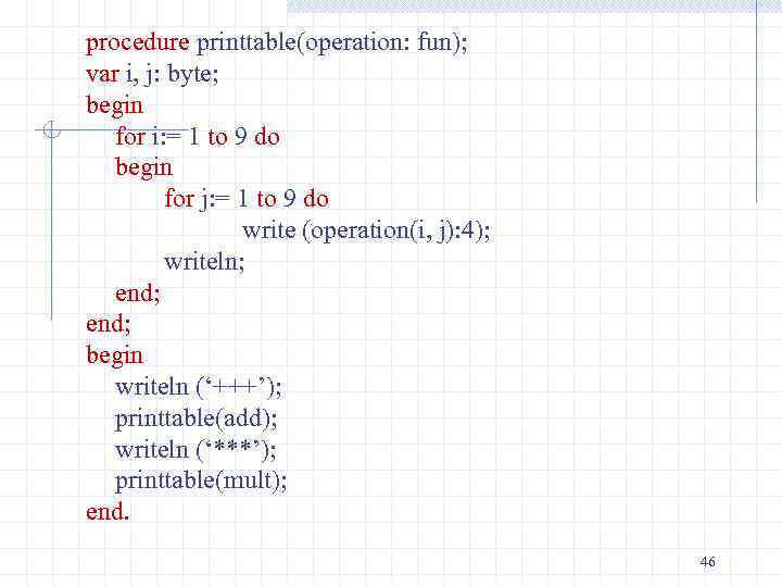procedure printtable(operation: fun); var i, j: byte; begin for i: = 1 to 9