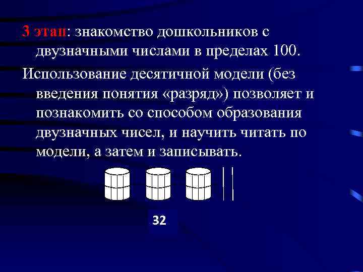 3 этап: знакомство дошкольников с двузначными числами в пределах 100. Использование десятичной модели (без
