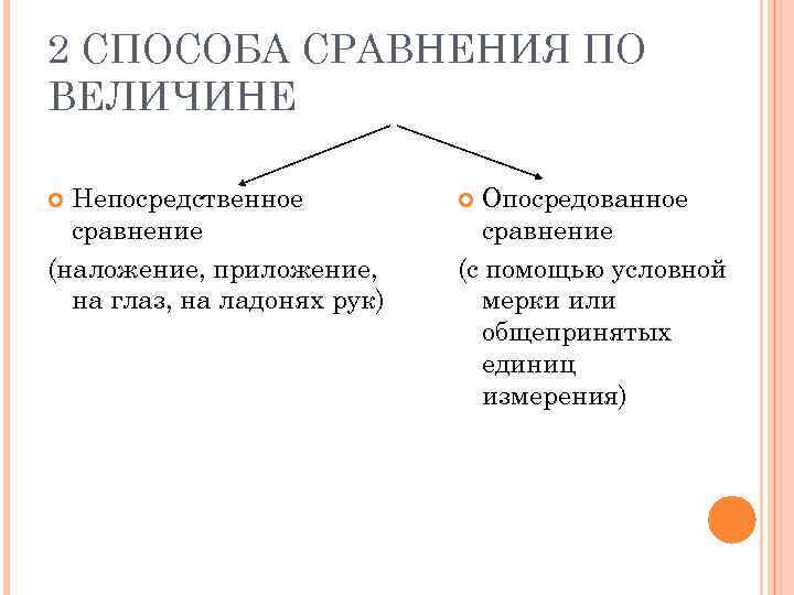 2 СПОСОБА СРАВНЕНИЯ ПО ВЕЛИЧИНЕ Непосредственное сравнение (наложение, приложение, на глаз, на ладонях рук)