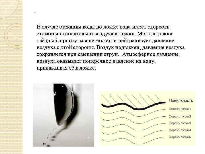 . В случае стекания воды по ложке вода имеет скорость стекания относительно воздуха и