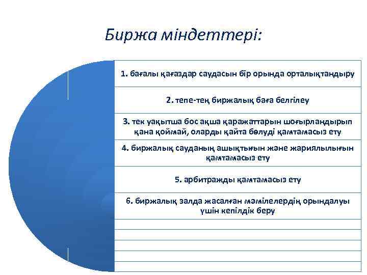 Биржа міндеттері: 1. бағалы қағаздар саудасын бір орында орталықтандыру 2. тепе-тең биржалық баға белгілеу