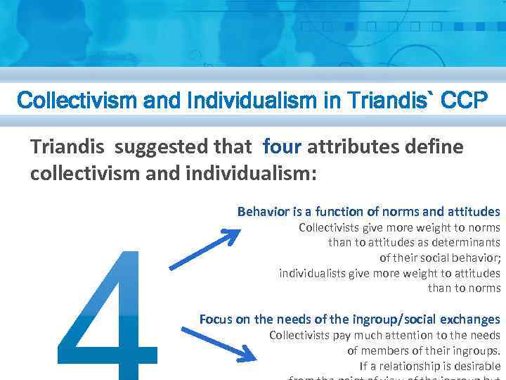 Collectivism and Individualism in Triandis` CCP Triandis suggested that four attributes define collectivism and