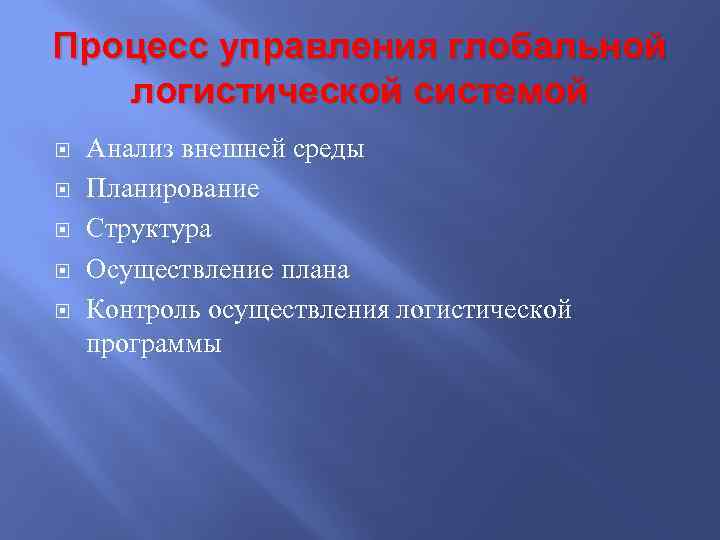 Процесс управления глобальной логистической системой Анализ внешней среды Планирование Структура Осуществление плана Контроль осуществления