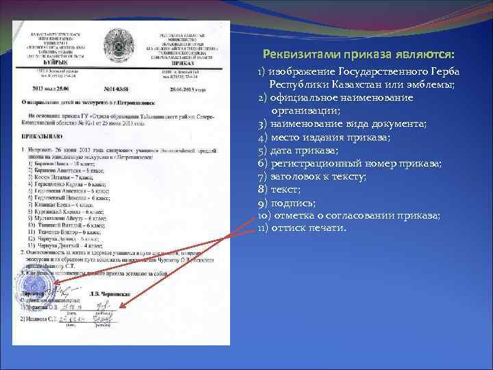 Реквизитами приказа являются: 1) изображение Государственного Герба Республики Казахстан или эмблемы; 2) официальное наименование