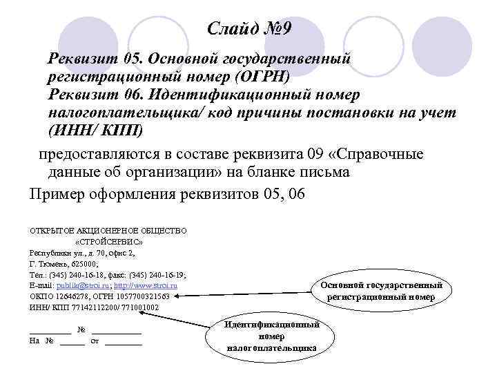 Слайд № 9 Реквизит 05. Основной государственный регистрационный номер (ОГРН) Реквизит 06. Идентификационный номер