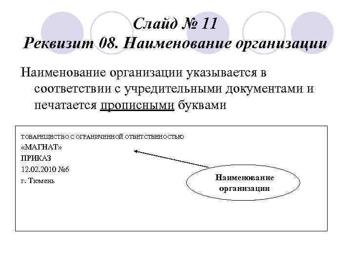 Слайд № 11 Реквизит 08. Наименование организации указывается в соответствии с учредительными документами и