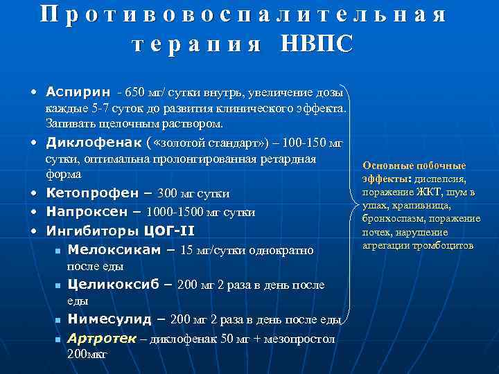 Противовоспалительная т е р а п и я НВПС • Аспирин - 650 мг/