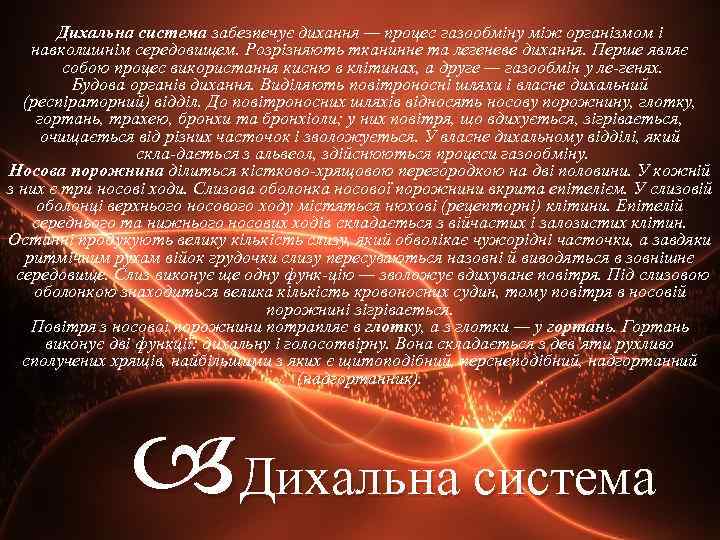 Дихальна система забезпечує дихання — процес газообміну між організмом і навколишнім середовищем. Розрізняють тканинне