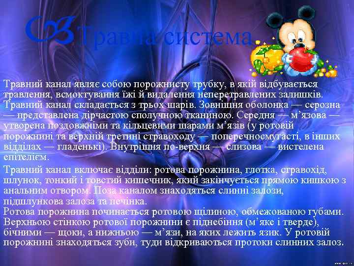  Травна система Травний канал являє собою порожнисту трубку, в якій відбувається травлення, всмоктування