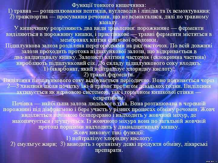 Функції тонкого кишечника: 1) травна — розщеплювання пептидів, вуглеводів і ліпідів та їх всмоктування;