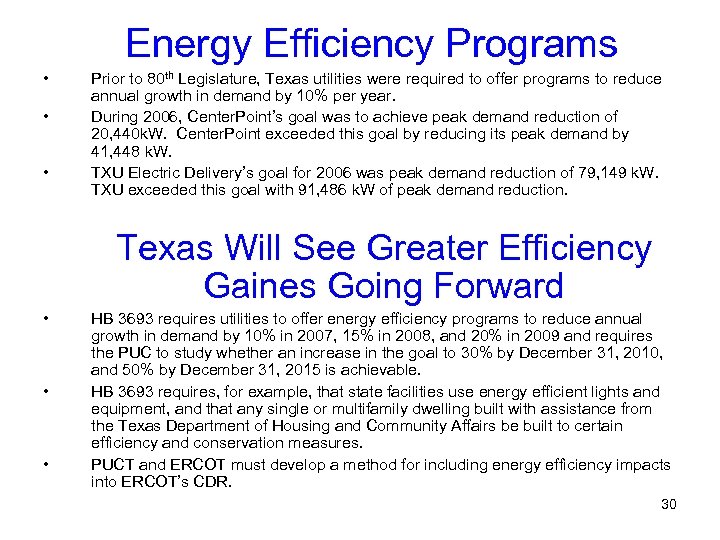 Energy Efficiency Programs • • • Prior to 80 th Legislature, Texas utilities were