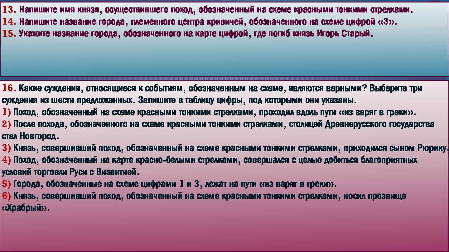 13. Напишите имя князя, осуществившего поход, обозначенный на схеме красными тонкими стрелками. 14. Напишите