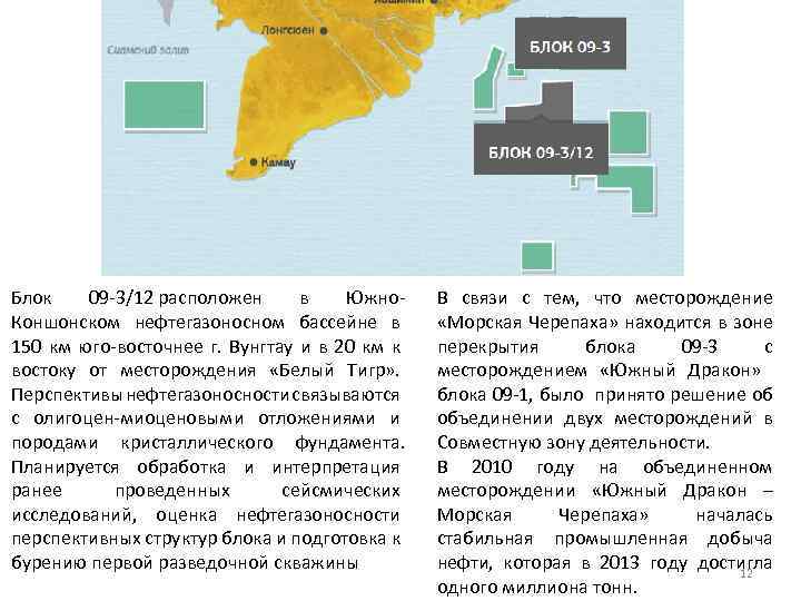 Блок 09 -3/12 расположен в Южно. Коншонском нефтегазоносном бассейне в 150 км юго-восточнее г.