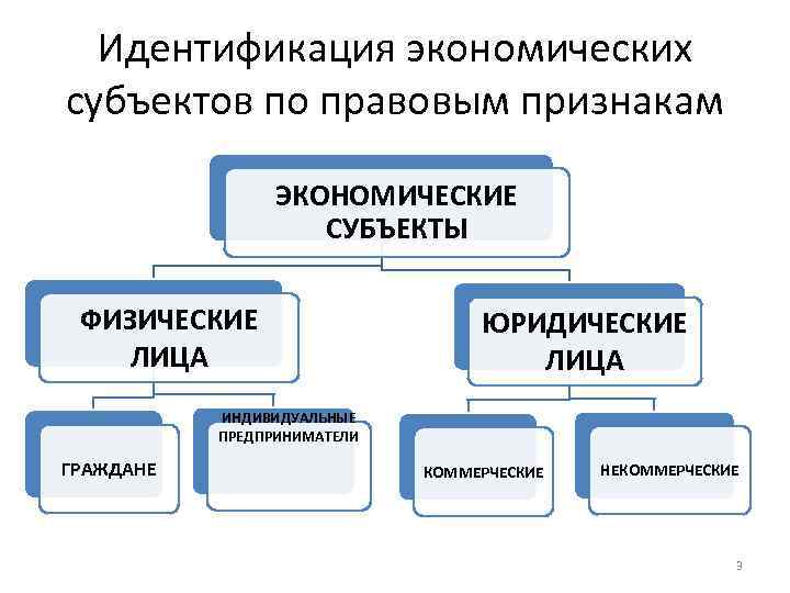 Идентификация экономических субъектов по правовым признакам ЭКОНОМИЧЕСКИЕ СУБЪЕКТЫ ФИЗИЧЕСКИЕ ЛИЦА ЮРИДИЧЕСКИЕ ЛИЦА ИНДИВИДУАЛЬНЫЕ ПРЕДПРИНИМАТЕЛИ
