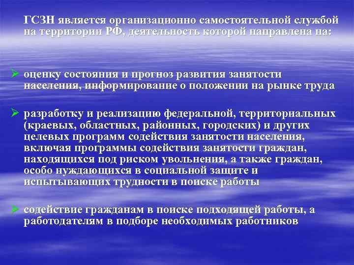 ГСЗН является организационно самостоятельной службой на территории РФ, деятельность которой направлена на: Ø оценку