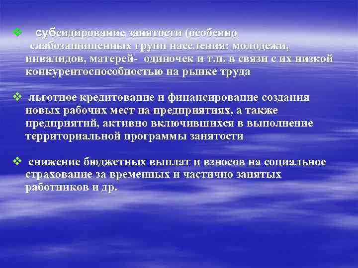 v субсидирование занятости (особенно слабозащищенных групп населения: молодежи, инвалидов, матерей- одиночек и т. п.