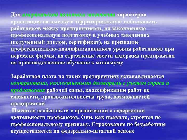 Для американской политики занятости характерна ориентация на высокую территориальную мобильность работников между предприятиями, на