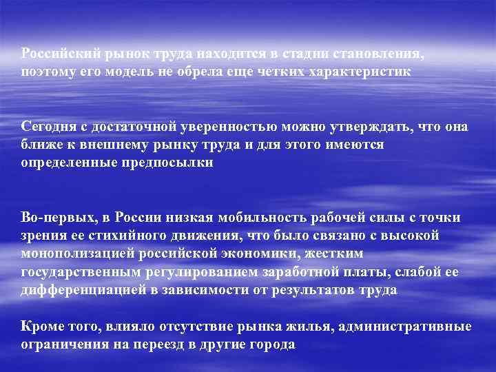 Российский рынок труда находится в стадии становления, поэтому его модель не обрела еще четких