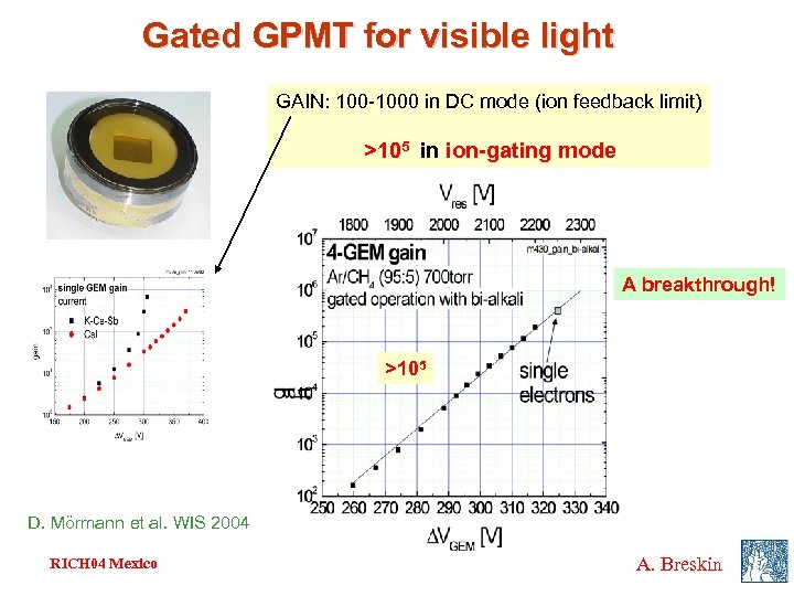 Gated GPMT for visible light GAIN: 100 -1000 in DC mode (ion feedback limit)