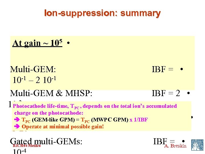 Ion-suppression: summary At gain ~ 105 • Multi-GEM: IBF = • 10 -1 –