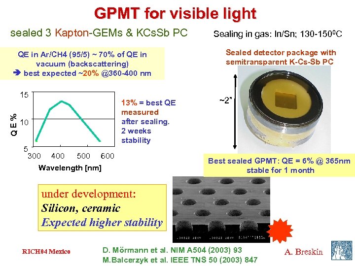 GPMT for visible light sealed 3 Kapton-GEMs & KCs. Sb PC QE in Ar/CH