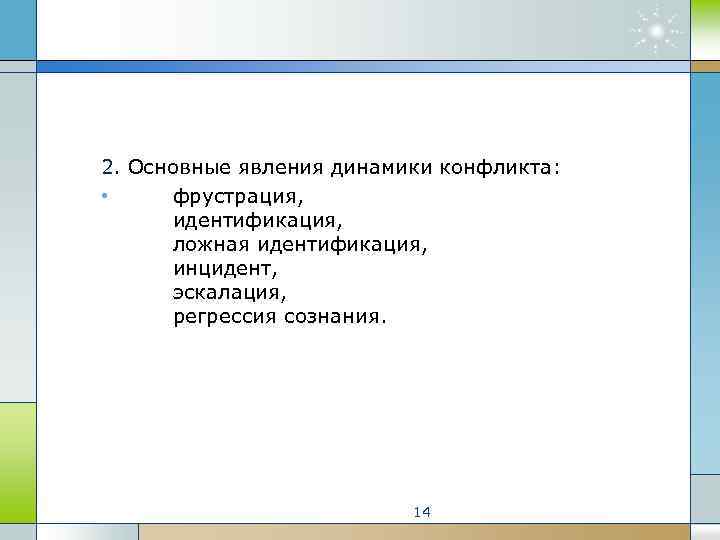 2. Основные явления динамики конфликта: • фрустрация, идентификация, ложная идентификация, инцидент, эскалация, регрессия сознания.