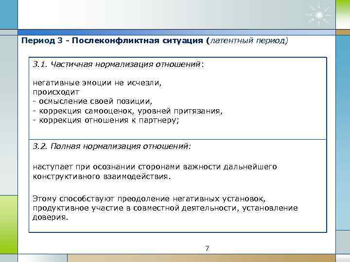 Период 3 - Послеконфликтная ситуация (латентный период) 3. 1. Частичная нормализация отношений: негативные эмоции