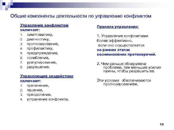 Общие компоненты деятельности по управлению конфликтом Управление конфликтом включает: 1. симптоматику, 2. диагностику, 3.