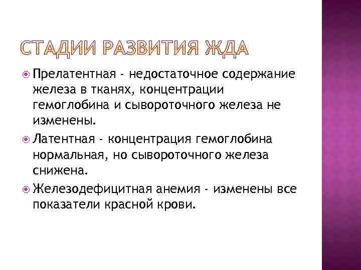  Прелатентная - недостаточное содержание железа в тканях, концентрации гемоглобина и сывороточного железа не