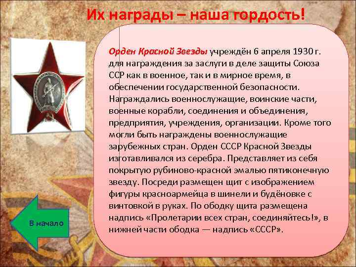 Их награды – наша гордость! В начало Орден Красной Звезды учреждён 6 апреля 1930