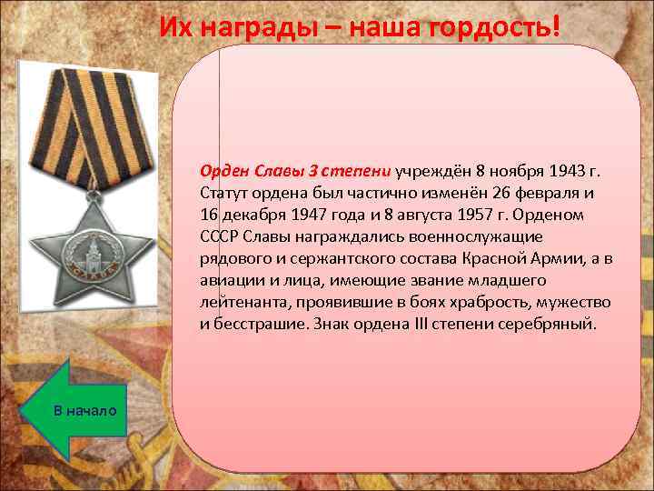 Их награды – наша гордость! Орден Славы 3 степени учреждён 8 ноября 1943 г.