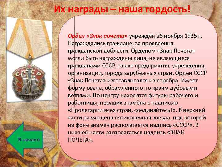 Их награды – наша гордость! В начало Орден «Знак почета» учреждён 25 ноября 1935