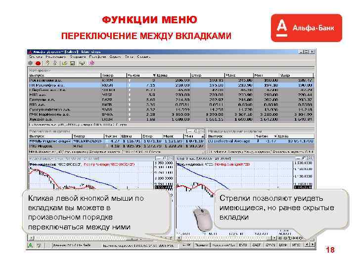 ФУНКЦИИ МЕНЮ ПЕРЕКЛЮЧЕНИЕ МЕЖДУ ВКЛАДКАМИ Кликая левой кнопкой мыши по вкладкам вы можете в