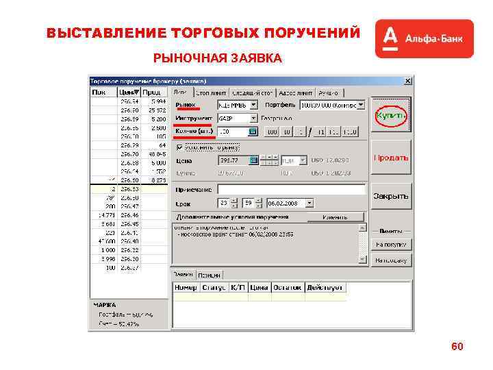 ВЫСТАВЛЕНИЕ ТОРГОВЫХ ПОРУЧЕНИЙ РЫНОЧНАЯ ЗАЯВКА 60 