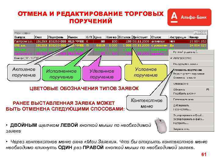 ОТМЕНА И РЕДАКТИРОВАНИЕ ТОРГОВЫХ ПОРУЧЕНИЙ Активное поручение Исполненное поручение Удаленное поручение Условное поручение ЦВЕТОВЫЕ