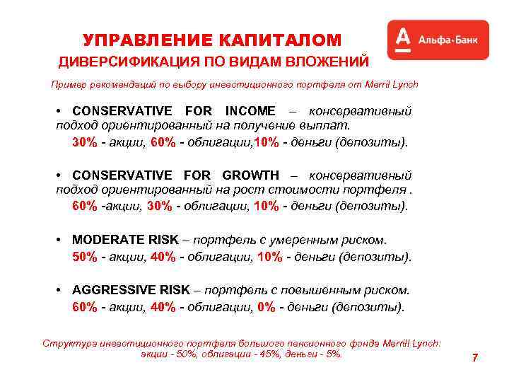 УПРАВЛЕНИЕ КАПИТАЛОМ ДИВЕРСИФИКАЦИЯ ПО ВИДАМ ВЛОЖЕНИЙ Пример рекомендаций по выбору инвестиционного портфеля от Merril