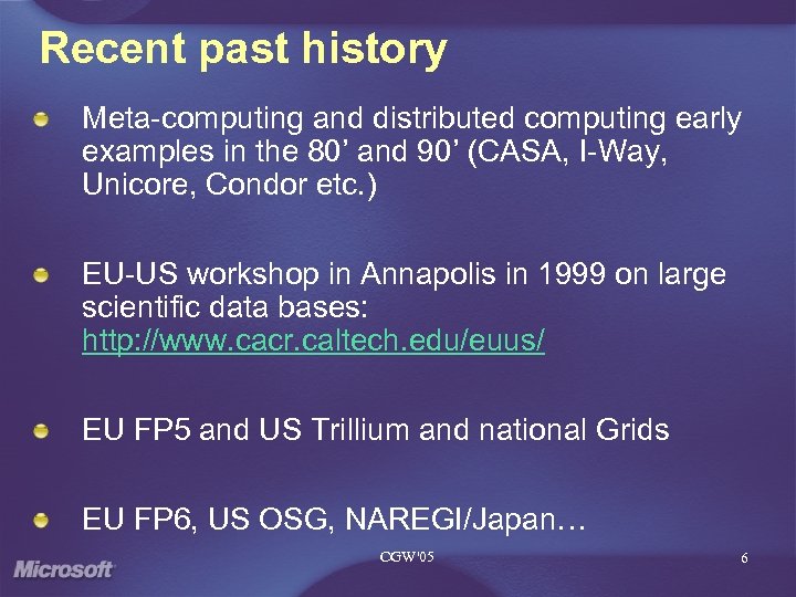 Recent past history Meta-computing and distributed computing early examples in the 80’ and 90’