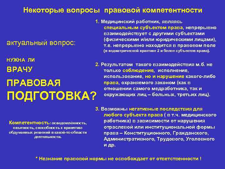 Некоторые вопросы правовой компетентности актуальный вопрос: 1. Медицинский работник, являясь специальным субъектом права, непрерывно