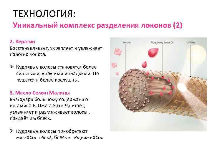 ТЕХНОЛОГИЯ: Уникальный комплекс разделения локонов (2) 2. Кератин Восстанавливает, укрепляет и увлажняет полотно волоса.