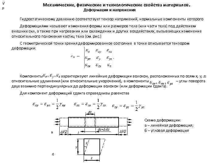 V р Механические, физические и технологические свойства материалов. Деформации и напряжения Гидростатическому давлению соответствует