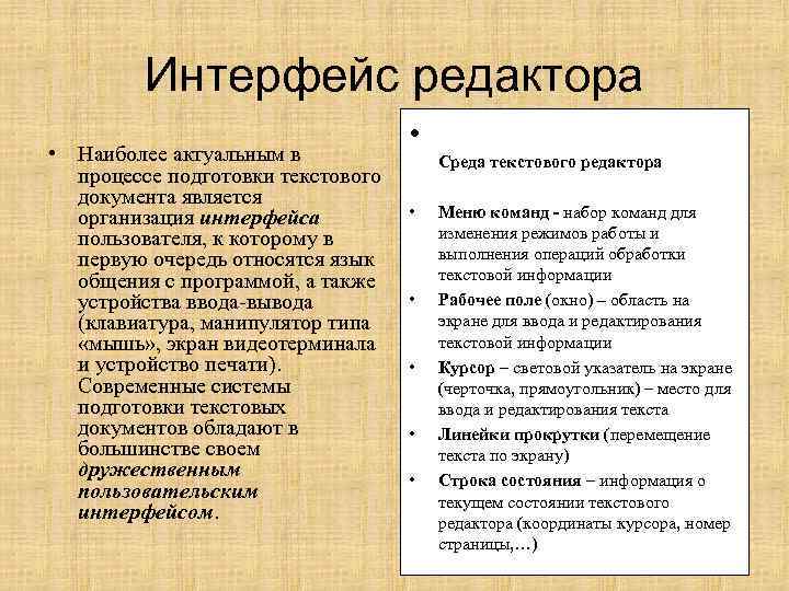 Интерфейс редактора • Наиболее актуальным в процессе подготовки текстового документа является организация интерфейса пользователя,