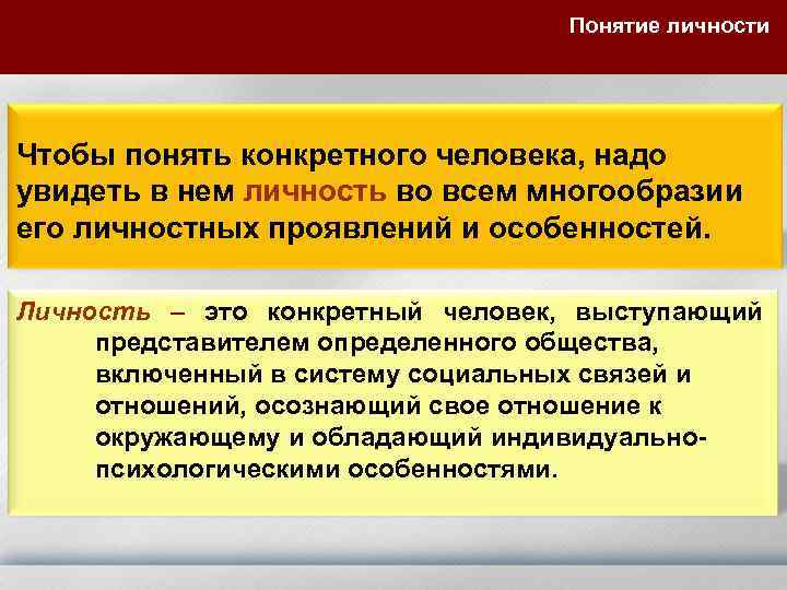 Понятие личности Чтобы понять конкретного человека, надо увидеть в нем личность во всем многообразии