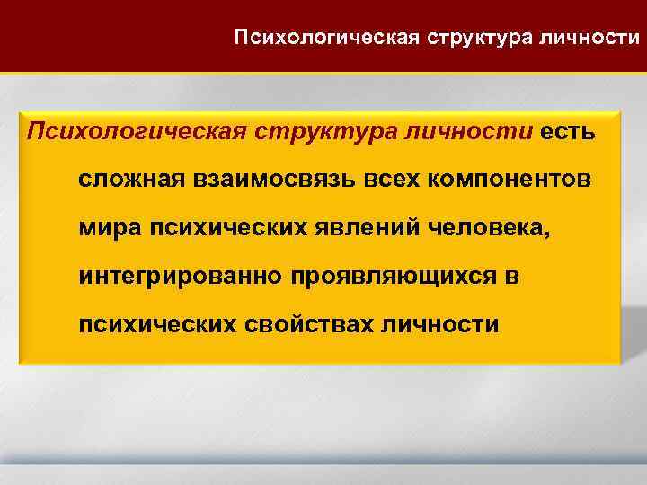 Психологическая структура личности есть сложная взаимосвязь всех компонентов мира психических явлений человека, интегрированно проявляющихся