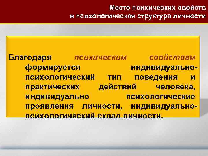 Место психических свойств в психологическая структура личности Благодаря психическим свойствам формируется индивидуальнопсихологический тип поведения