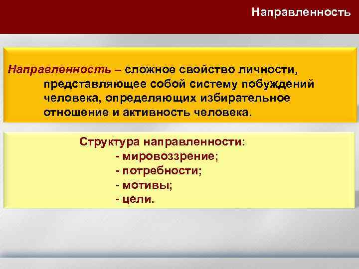 Направленность – сложное свойство личности, представляющее собой систему побуждений человека, определяющих избирательное отношение и