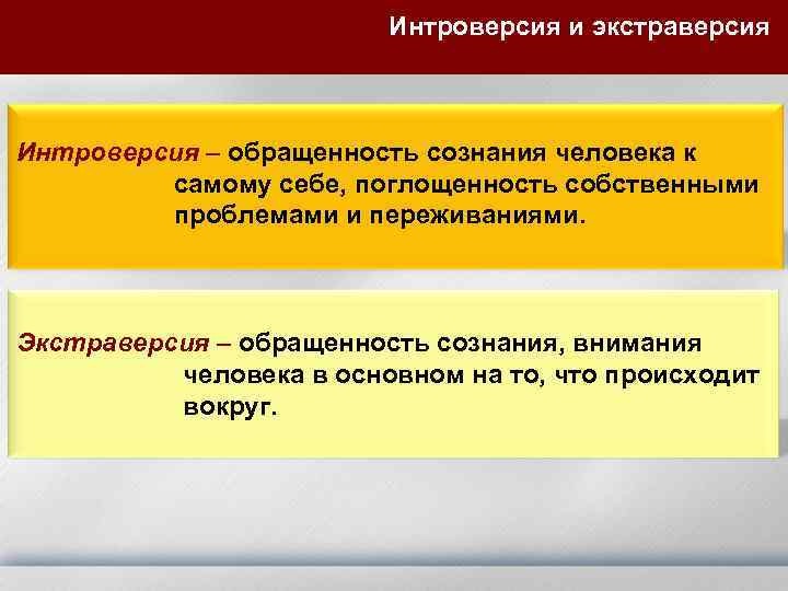 Интроверсия и экстраверсия Интроверсия – обращенность сознания человека к самому себе, поглощенность собственными проблемами